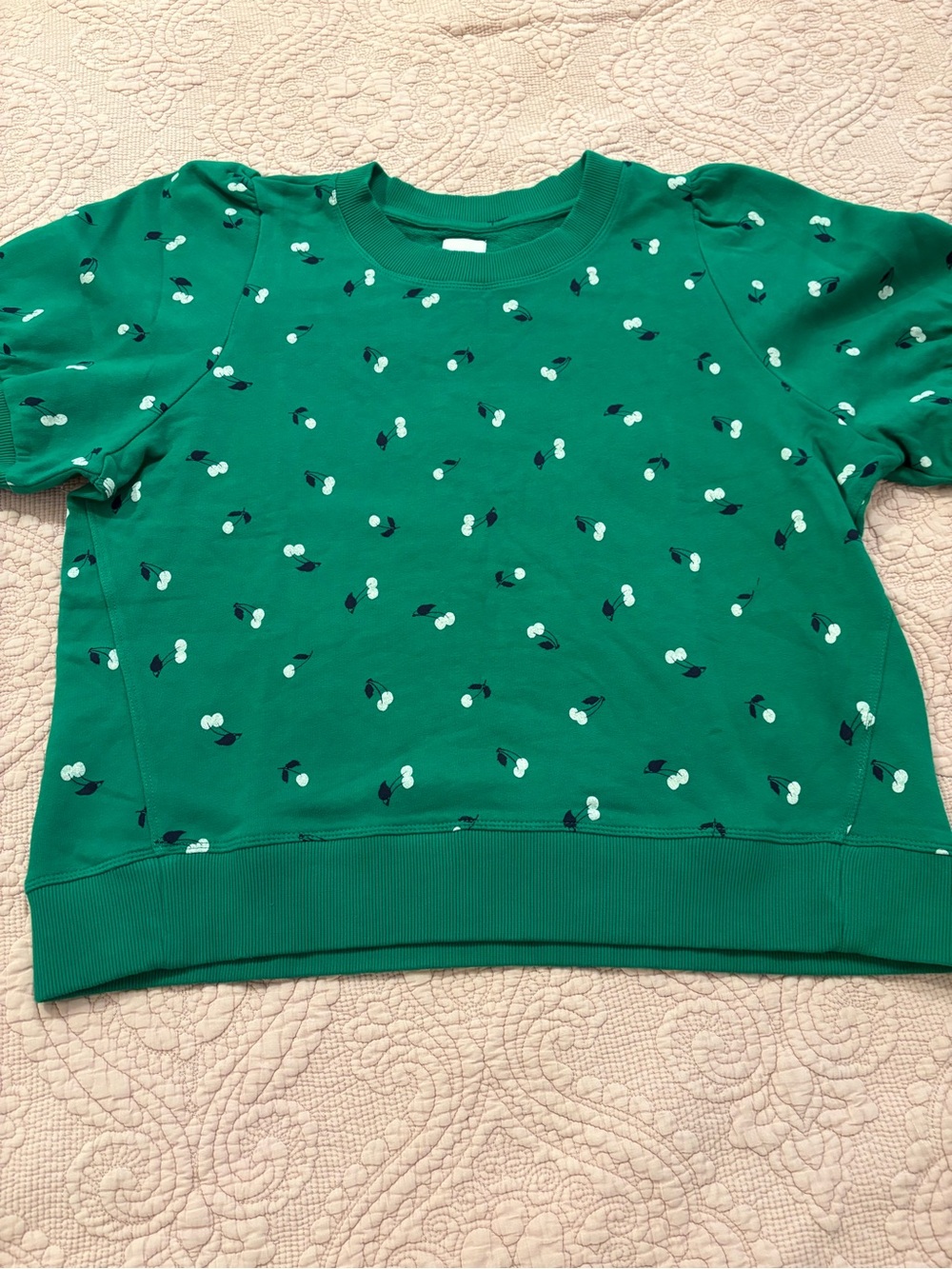 Maeve 100% Cotton Green Cherry-Print Short Sleeve Sweatshirt